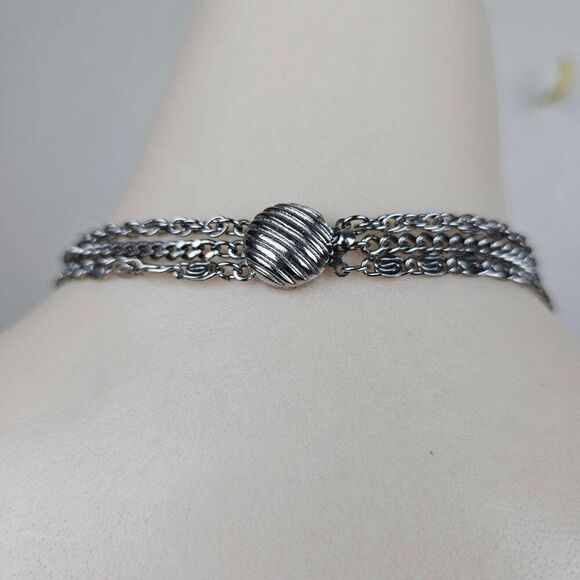 Vtg Triple 3 Strand Necklace Ornate Filigree Pendant Silver Tone Chain Rope Curb - Picture 4 of 12